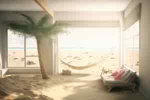 Бесплатное фото Вид на комнату внутри дома с песчаным пляжем и солнечной погодой