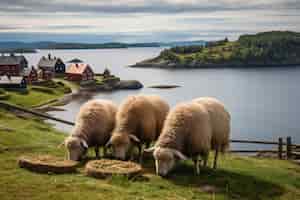 無料写真 自然の中で野外で放牧している羊の景色