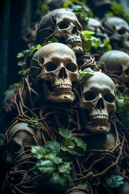 Бесплатное фото Вид скелетных черепов с растительностью