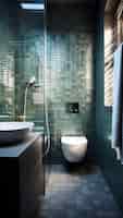 Бесплатное фото Вид на интерьер небольшой ванной комнаты с мебелью и декором в современном стиле