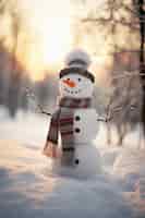 Бесплатное фото Вид снеговика с зимним пейзажем и снегом