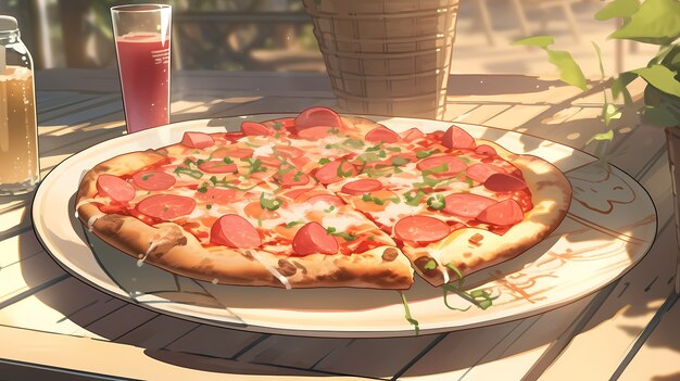 アニメスタイルの美味しいピザの景色