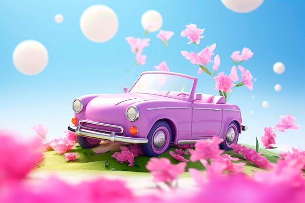 Бесплатное фото Вид трехмерной машины с цветами