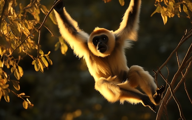無料写真 木の上で野生のギボン猿の景色