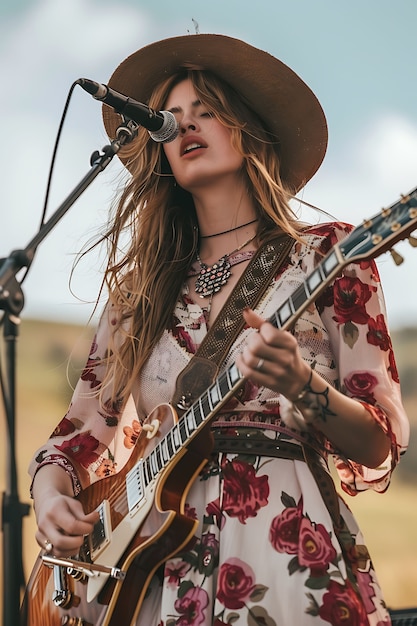 Бесплатное фото Вид женщины, играющей на электрической гитаре