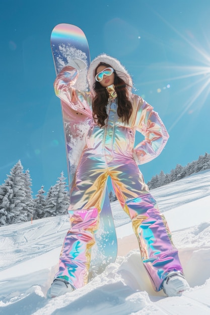 무료 사진 view of woman snowboarding with pastel shades and dreamy landscape