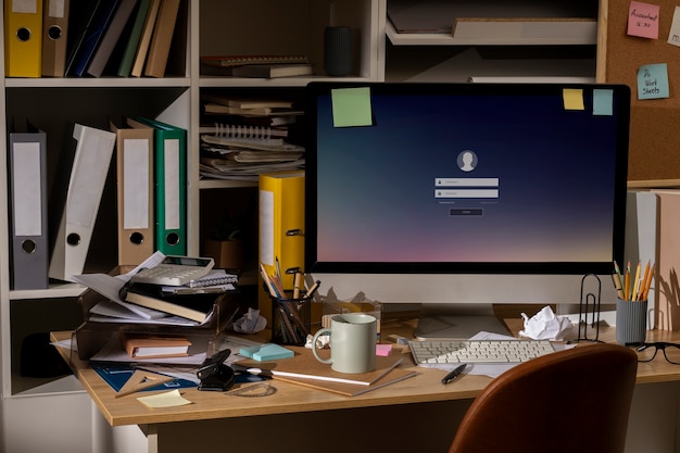 View of office desk with messy workspace and laptop