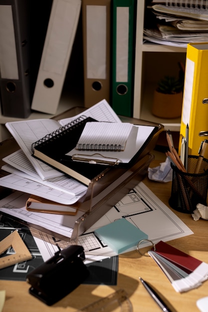 Free photo view of office desk with messy workspace and laptop