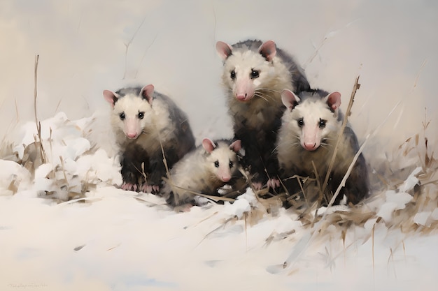 View of opossum animal in digital art style with snow
