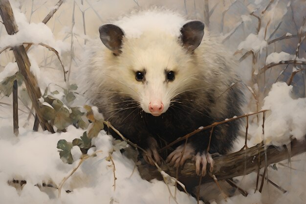 Vista di un animale opossum in stile d'arte digitale con la neve