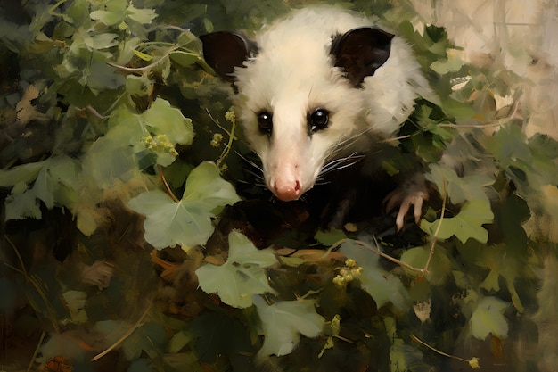 View of opossum animal with vegetation in digital art style