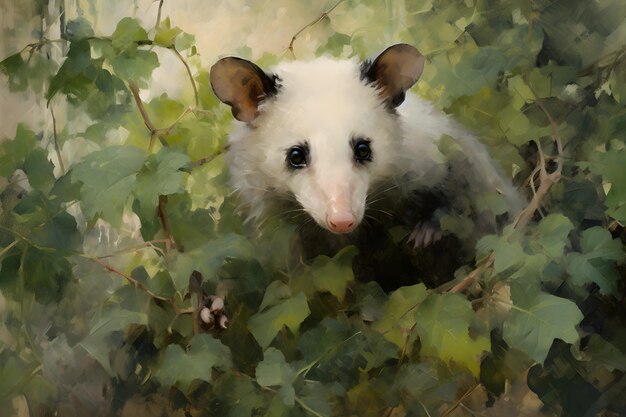 Foto gratuita vista di un animale opossum con vegetazione in stile d'arte digitale