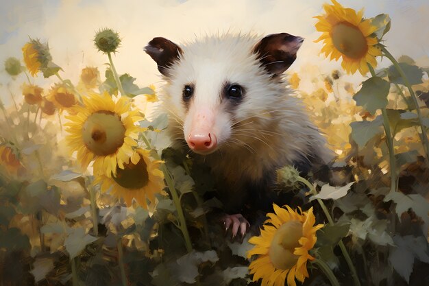 Foto gratuita vista di un animale opossum con vegetazione in stile d'arte digitale