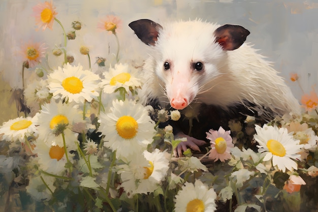 Foto gratuita vista di un animale opossum con vegetazione in stile d'arte digitale