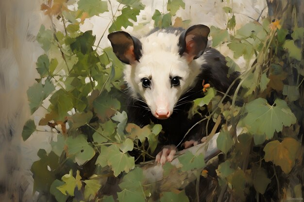 Vista di un animale opossum con vegetazione in stile d'arte digitale