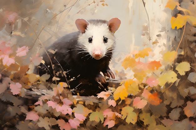 Free photo view of opossum animal with vegetation in digital art style