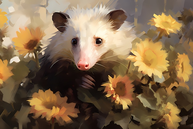 View of opossum animal with vegetation in digital art style