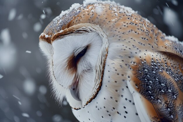 View of owl in cold environment with dreamy aesthetic