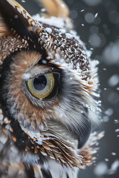 View of owl in cold environment with dreamy aesthetic