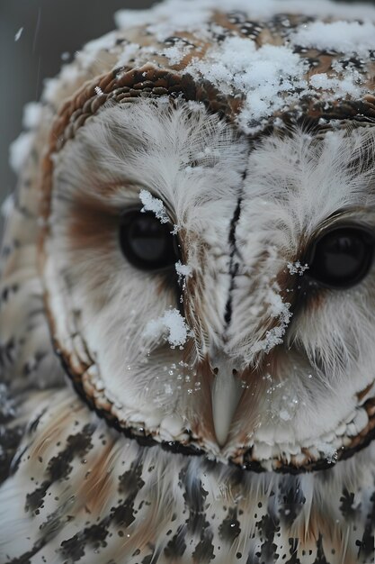 View of owl in cold environment with dreamy aesthetic