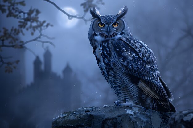 View of owl in cold environment with dreamy aesthetic