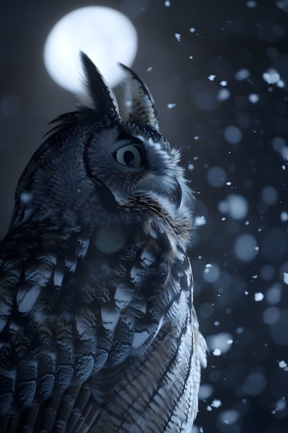 Free photo view of owl in cold environment with dreamy aesthetic