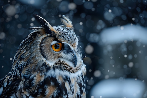 View of owl in cold environment with dreamy aesthetic