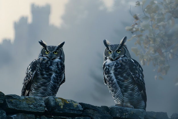 View of owl in cold environment with dreamy aesthetic