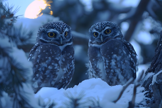 Free photo view of owl in cold environment with dreamy aesthetic