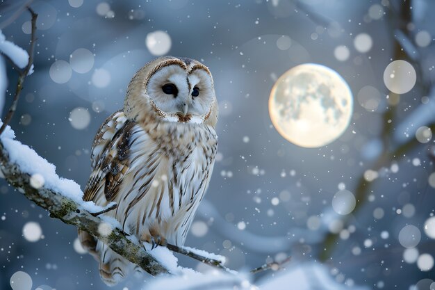 View of owl in cold environment with dreamy aesthetic