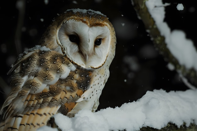 View of owl in cold environment with dreamy aesthetic