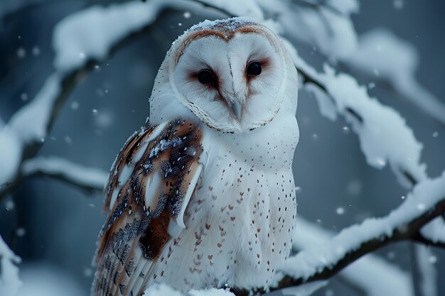 View of owl in cold environment with dreamy aesthetic