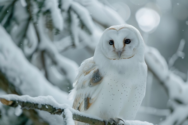 Foto gratuita vista del gufo in un ambiente freddo con un'estetica da sogno