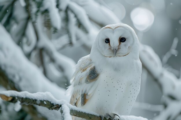 View of owl in cold environment with dreamy aesthetic