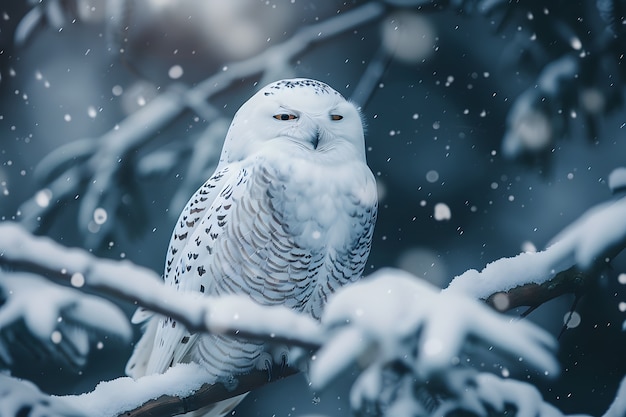 View of owl in cold environment with dreamy aesthetic