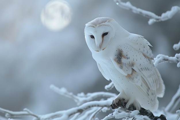 View of owl in cold environment with dreamy aesthetic