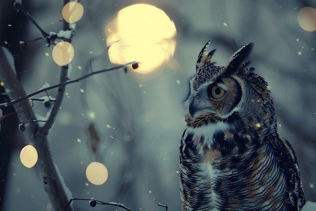 View of owl in cold environment with dreamy aesthetic