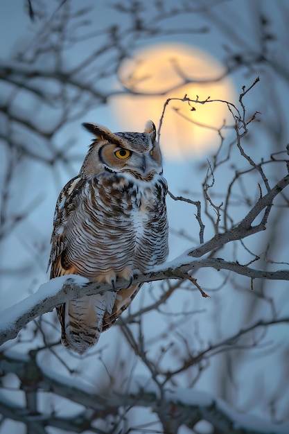 View of owl in cold environment with dreamy aesthetic