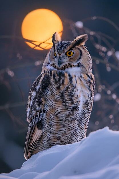 View of owl in cold environment with dreamy aesthetic