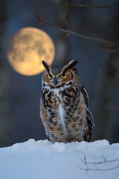 View of owl in cold environment with dreamy aesthetic