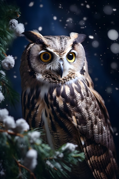 View of owl in cold environment with dreamy aesthetic