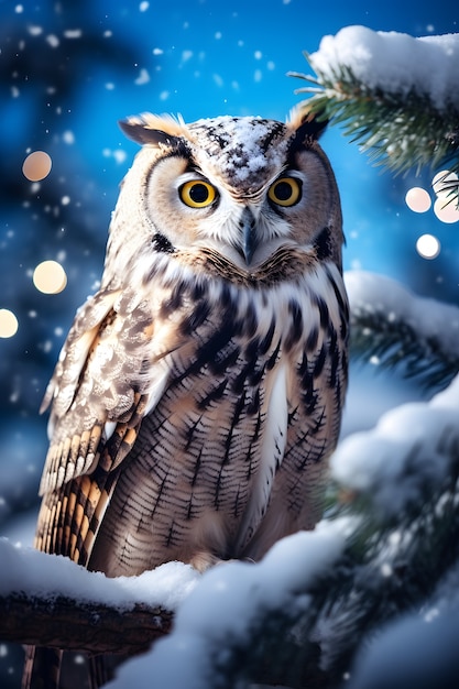 Free photo view of owl in cold environment with dreamy aesthetic