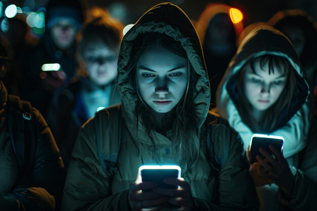 View of people addicted to their smartphone looking and scrolling through the screens