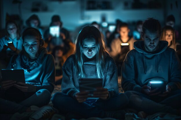 Вид людей, пристрастившихся к своим смартфонам, которые смотрят и прокручивают экраны