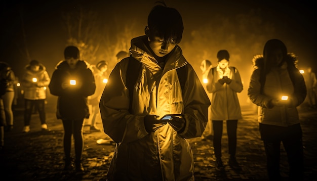 Вид людей, пристрастившихся к своим смартфонам, которые смотрят и прокручивают экраны