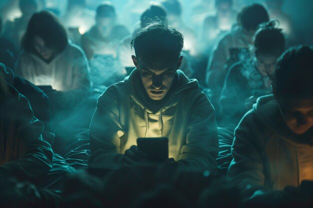 View of people addicted to their smartphone looking and scrolling through the screens