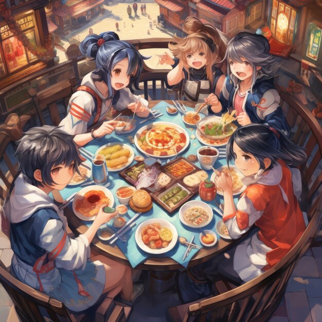View of people enjoying delicious food at reunion dinner in anime style