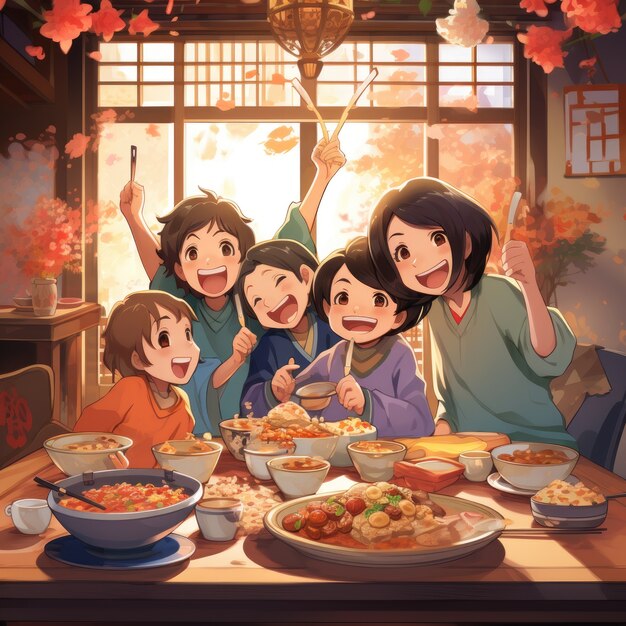 애니메이션 스타일 의 재결합 저녁 식사 에서 맛있는 음식 을 즐기는 사람 들 의 모습