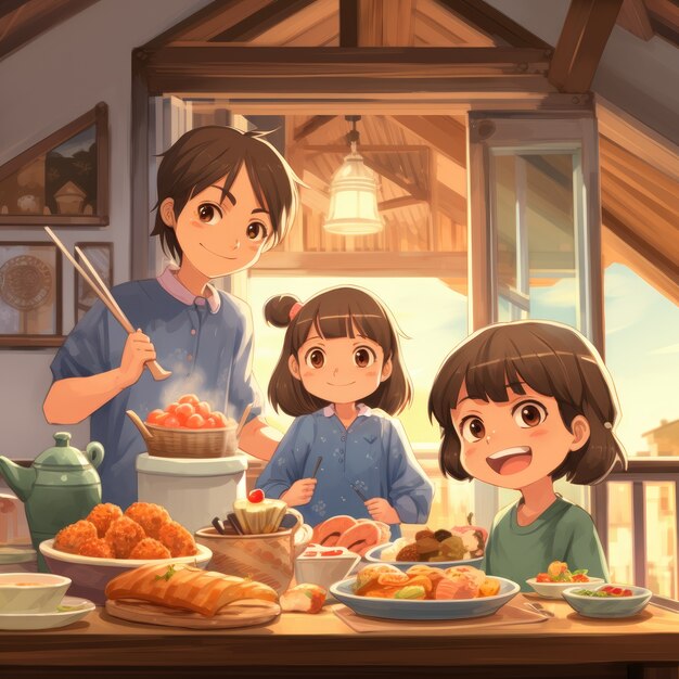 アニメスタイルの再会ディナーで美味しい食べ物を楽しんでいる人々の景色