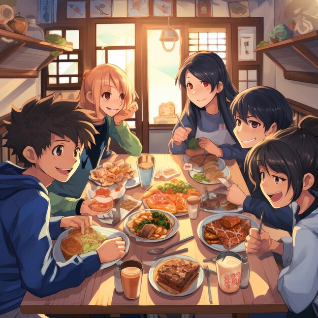 애니메이션 스타일 의 재결합 저녁 식사 에서 맛있는 음식 을 즐기는 사람 들 의 모습